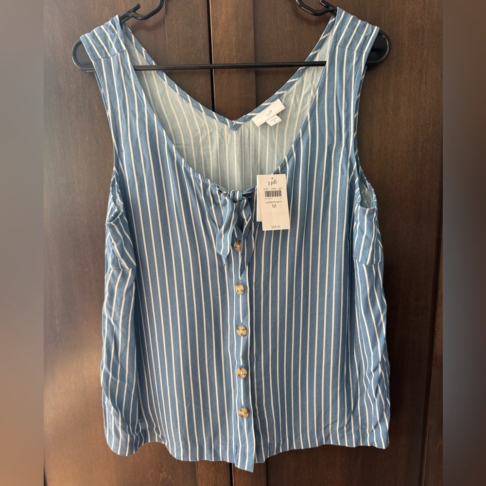 J. Jill Tie Neck Button Front Striped Tank Top Cutout Blue White M